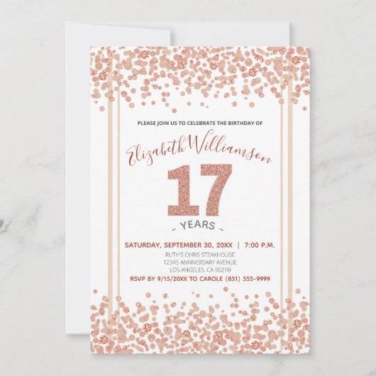 ローズゴールドのコンフェッティグリッター風 17歳の誕生日 招待状 (正面)