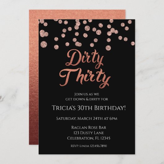 ローズゴールドのコンフェッティグリッター ダーティー30 招待状 (正面/裏面)