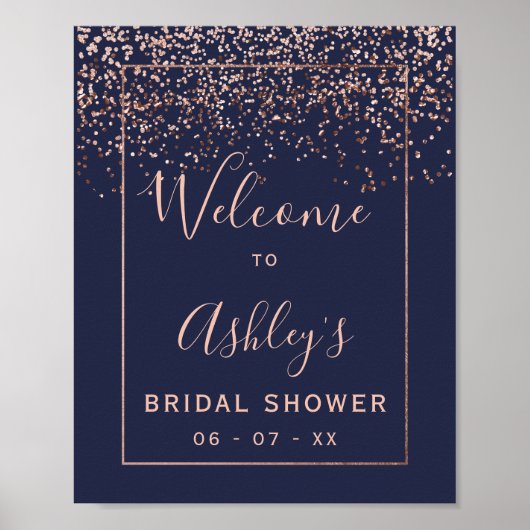 ローズゴールドのコンフェッティ ネイビーブルーのウェディングシャワー歓迎 ポスター (正面)