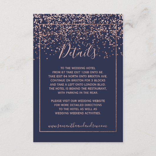 ローズゴールドのコンフェッティ ネイビーブルーのタイポグラフィ詳細 エンクロージャーカード (正面)