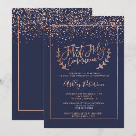 ローズゴールドのコンフェッティ ネイビーブルー おしゃれなファーストコミュニオン 招待状