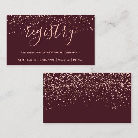 ローズゴールドのコンフェッティ バーガンディ シックな結婚式のレジストリー エンクロージャーカード (正面/裏面)