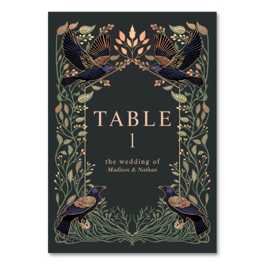 ローズゴールドのゴシック ラヴェン フラワー ウェディング テーブルナンバー (正面)