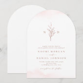 ローズゴールドのシンプルな植物モノグラム ラスティックウェディング 招待状 (正面/裏面)