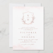 ローズゴールドのシンプルな植物学の紋章モノグラムの結婚式 招待状 (正面)