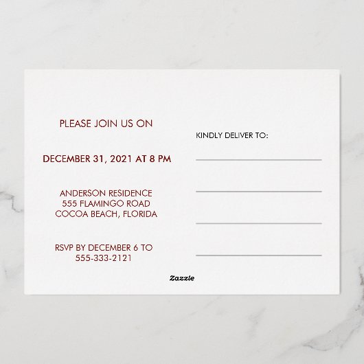 ローズゴールドのスクリプトによる新年のお祝いの招待状 箔シーズンカード (裏面)