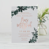 ローズゴールドのスクリプト フローラルグリーン グレーのバースミッツヴァー 招待状 (スタンド正面)