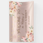 ローズゴールドのストリングライトとバラの結婚式用バナー 横断幕 (縦)