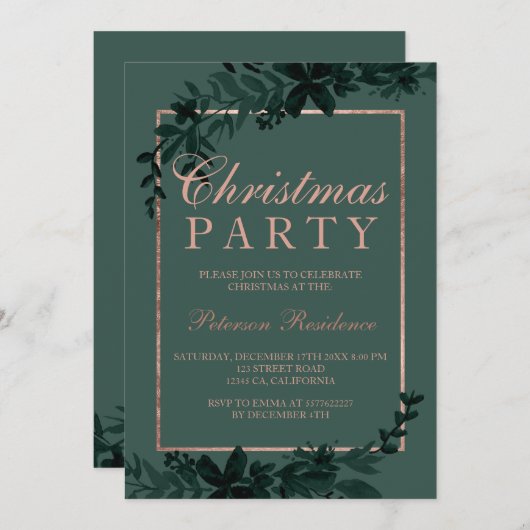 ローズゴールドのタイポグラフィー フローラルグリーンの葉のクリスマス 招待状 (正面/裏面)