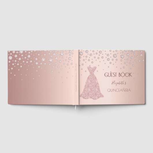 ローズゴールドのダイヤモンドとピンクのドレスのキンセアニエラ ゲストブック (全面)