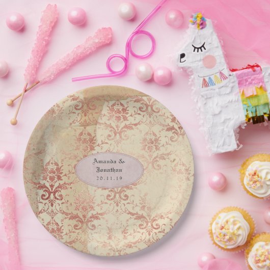 ローズゴールドのダメージ入ったダマスクのウェディング ペーパープレート (パーティー)