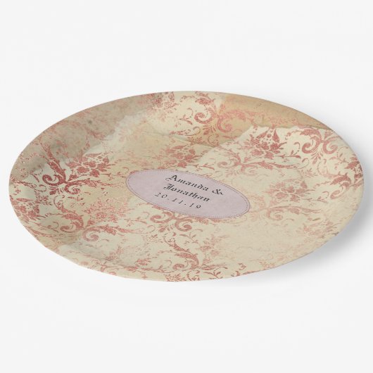 ローズゴールドのダメージ入ったダマスクのウェディング ペーパープレート (アングル)