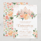 ローズゴールドのティアラとフラッシュピンクの花のキンバネラ 招待状 (正面/裏面)