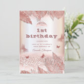 ローズゴールドのトロピカルリーフグリッター蝶のティアラ 招待状 (スタンド正面)