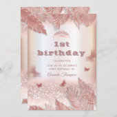 ローズゴールドのトロピカルリーフグリッター蝶のティアラ 招待状 (正面/裏面)