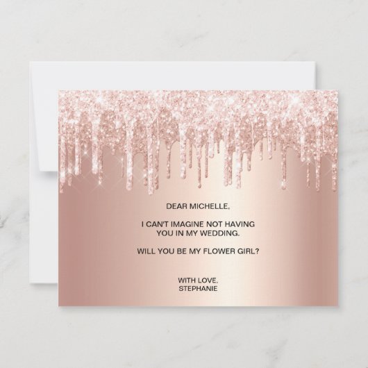ローズゴールドのドリップがあなたを誘います。私のフラワーガールになってくれますか？ 招待状 (裏面)