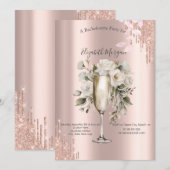 ローズゴールドのドリップが花柄のワインボトル ガラスのバチェロレッテパーティー 招待状 (正面/裏面)