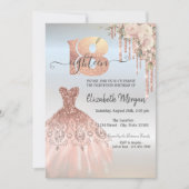 ローズゴールドのドリップス ドレス 花 シルバー 18歳の誕生日 招待状 (正面)