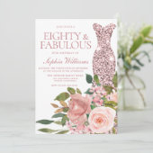 ローズゴールドのドレスとコーラルピンクの花 80歳の誕生日 招待状 (スタンド正面)