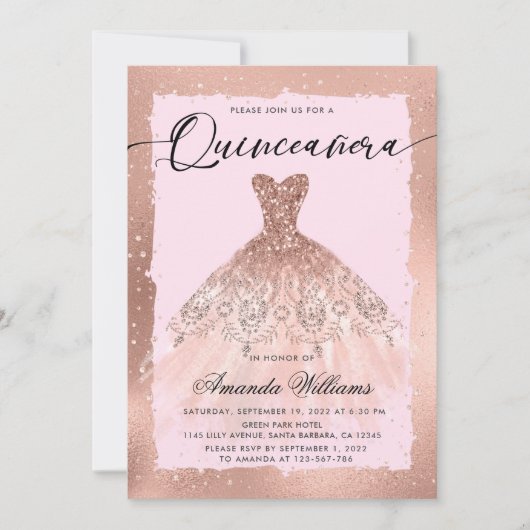 ローズゴールドのドレスのキンセアニエラ 招待状 (正面)