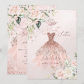 ローズゴールドのドレス スイート16 ブッシュ ワーターカラー フラワー 招待状 (正面/裏面)