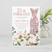 ローズゴールドのドレス ブラッシュホワイト 21歳の誕生日パーティー 招待状 (スタンド正面)