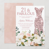 ローズゴールドのドレス ブラッシュホワイト 21歳の誕生日パーティー 招待状 (正面/裏面)