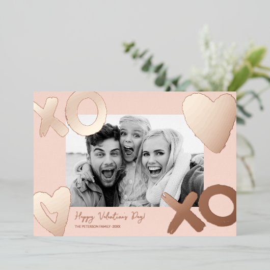 ローズゴールドのハート型写真バレンタインデーカード 箔シーズンカード (立ち正面)