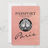 ローズゴールドのパリのパスポート風デザインのSave The Date セーブザデート (正面)