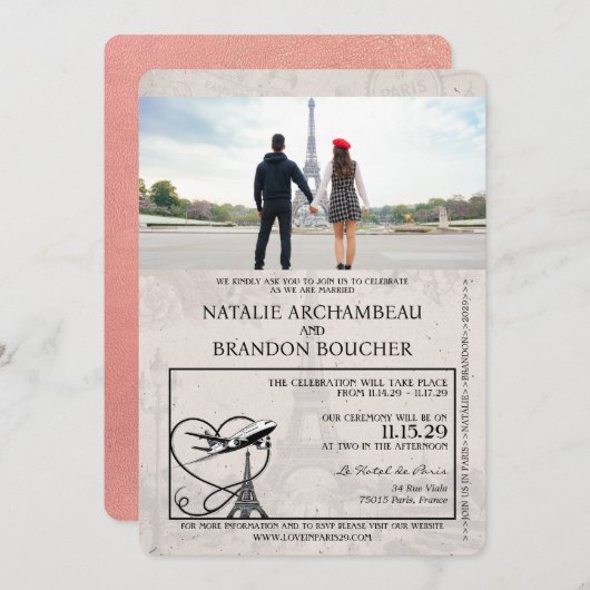 ローズゴールドのパリパスポートウェディング 招待状 (正面/裏面)