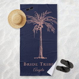 ローズゴールドのパームツリーがプリントされたネイビーブルーのタオル Bride Tribe カスタム ビーチタオル