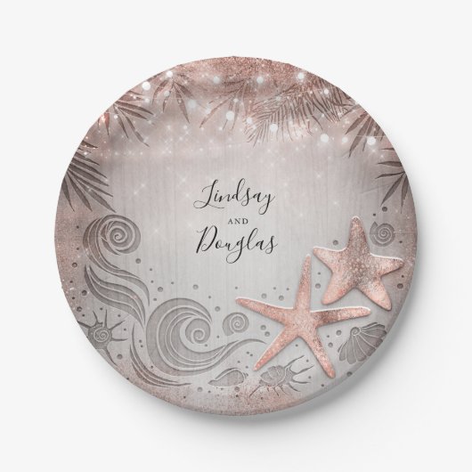 ローズゴールドのヒトデとトロピカルビーチのウェディング ペーパープレート (正面)