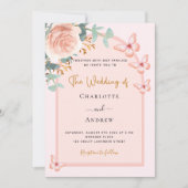 ローズゴールドのピンクとオレンジの花のアーチQRコードで出欠確認 ウェディング 招待状 (正面)