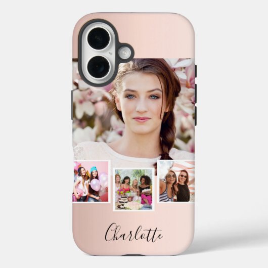 ローズゴールドのピンクの写真コラージュ 名前入り Case-Mate iPhoneケース (裏面)