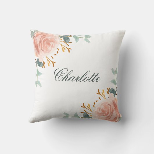 ローズゴールドのブッシュフラワーのグリーンと名前のスクリプト クッション (裏面)