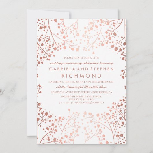 ローズゴールドのベイビーズブレス フラワー ウェディング アニバーサリー 招待状 (正面)