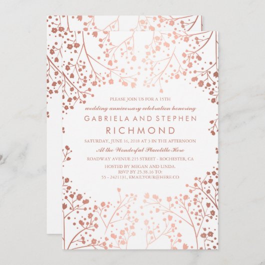 ローズゴールドのベイビーズブレス フラワー ウェディング アニバーサリー 招待状 (正面/裏面)