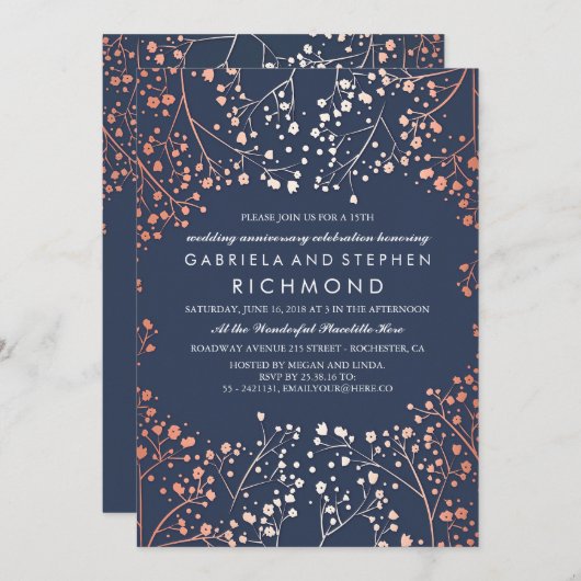 ローズゴールドのベイビーズブレス フラワー ウェディング アニバーサリー 招待状 (正面/裏面)