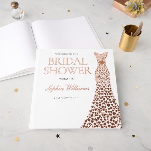 ローズゴールドのホイルハートドレス ブライダルシャワー ゲストブック (正面見開き)