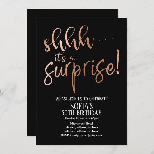 ローズゴールドのホイル、秘密のサプライズパーティ 招待状 (正面/裏面)