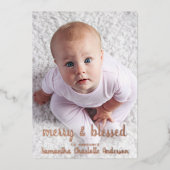 ローズゴールドのホリデー フォト 出生発表 箔シーズンカード (正面)