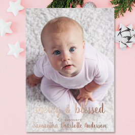 ローズゴールドのホリデー フォト 出生発表 箔シーズンカード