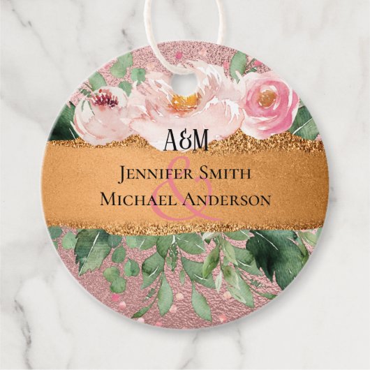 ローズゴールドのメタリックグリッター フラワーフォイル 結婚式 フェイバータグ (正面)