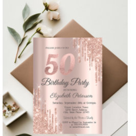 ローズゴールドのラメ垂れ流し 50歳の誕生日パーティー 招待状