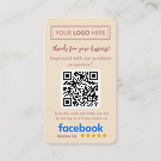 ローズゴールドのロゴとQRコード入りFacebookレビューカード 名刺 (正面)