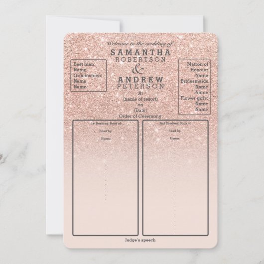 ローズゴールドの偽のグリッター ピンクのオンブレ 結婚式のプログラム 招待状 (正面)