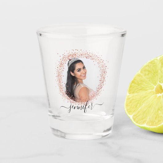 ローズゴールドの写真グリッター名前スクリプト ショットグラス (正面)