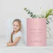 ローズゴールドの写真入りファーストホーリーコミュニオン サンキューカード (スタンド正面)