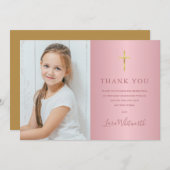 ローズゴールドの写真入りファーストホーリーコミュニオン サンキューカード (正面/裏面)