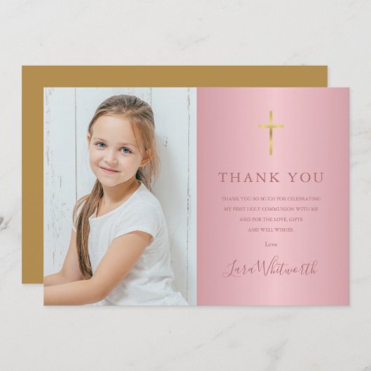 ローズゴールドの写真入りファーストホーリーコミュニオン サンキューカード (正面/裏面)